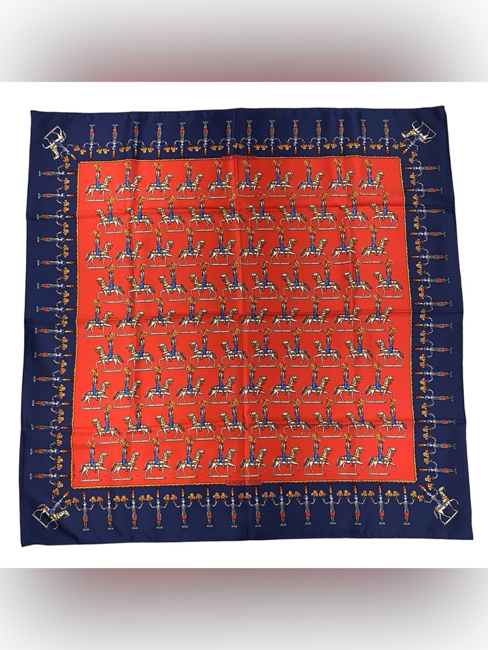 Hermes Silk Scarf Les Artificiers Carre 90 Michel Duchene Navy Red Gold